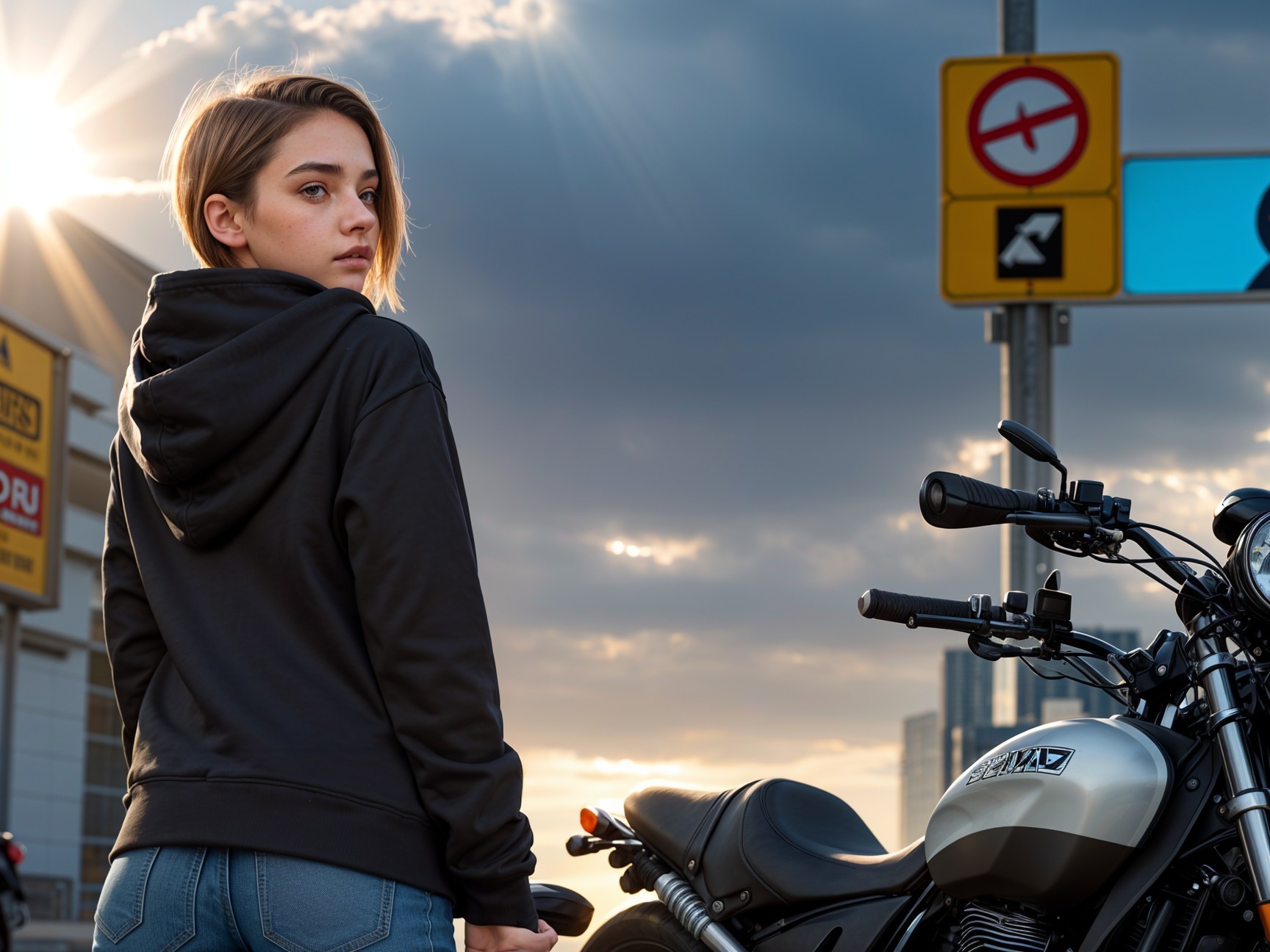 Young woman beside motorcycle in urban setting