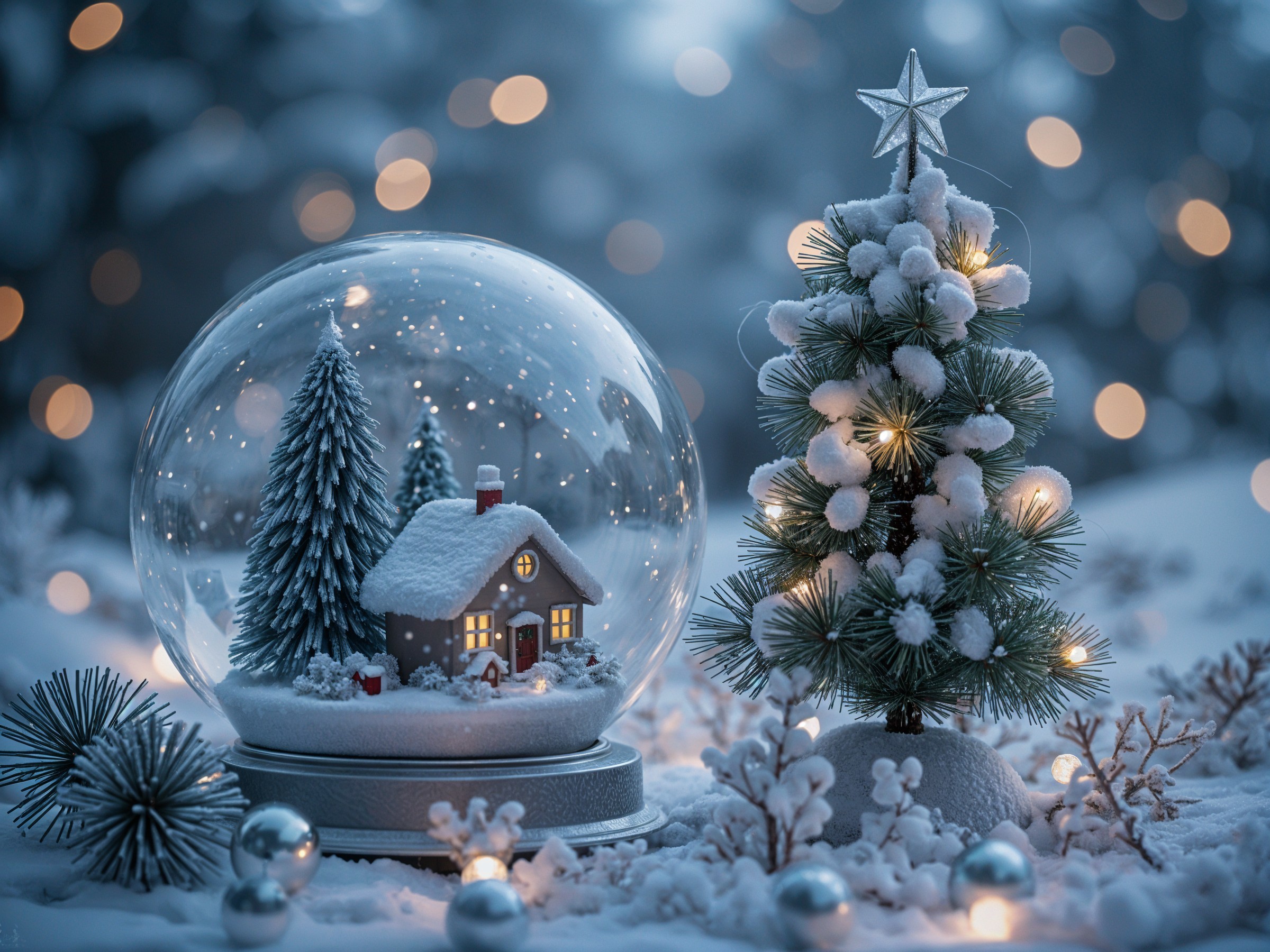 Snow Globe with Miniature House and Christmas Tree
