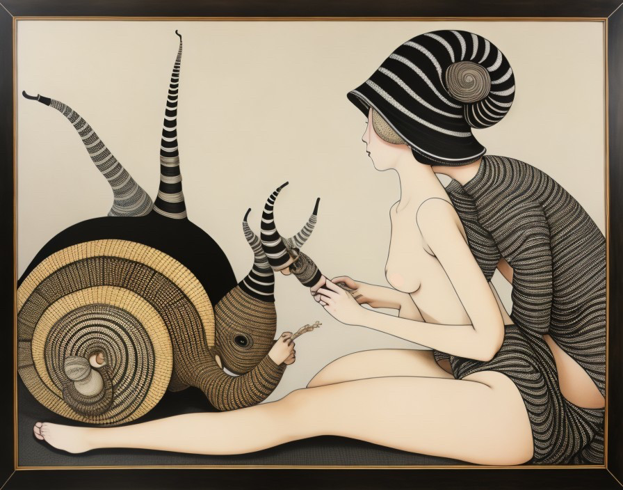 Surreal Artwork of Nude Figure with Stylized Snail