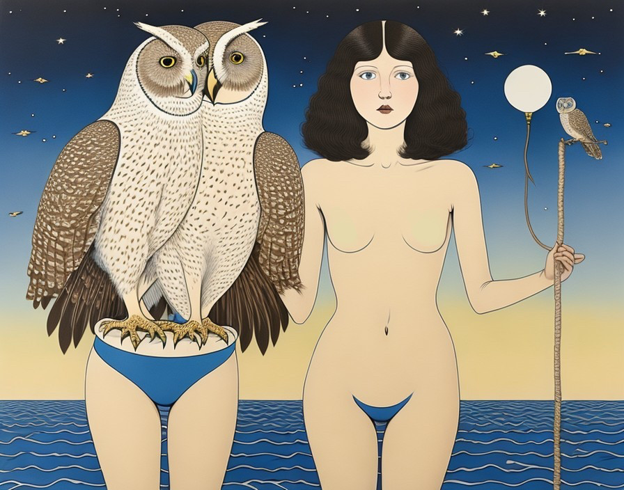 Surreal Scene of Woman with Owls and Twilight Ocean