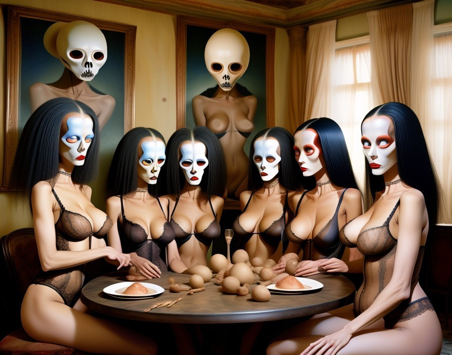 Surreal Gathering of Humanoid Figures at a Table
