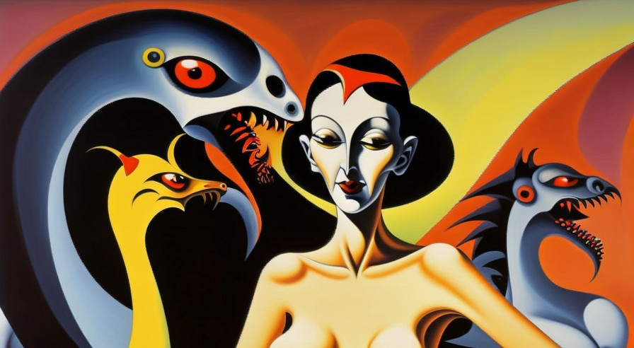 Surreal Composition with Stylized Female Figure and Creatures