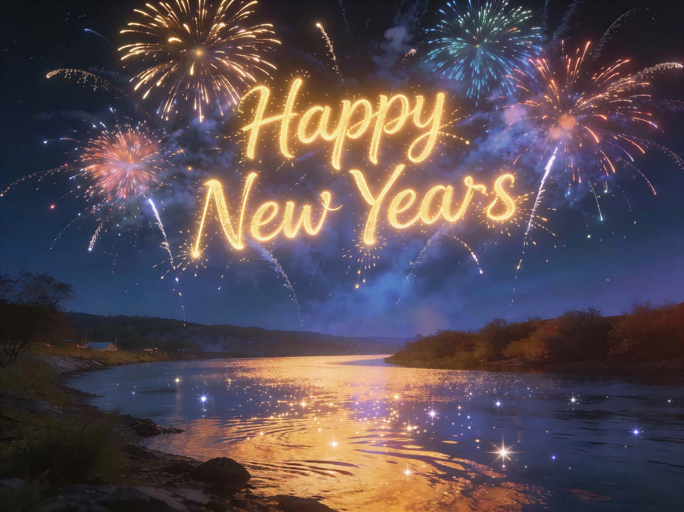 Sparkling New Year Text with Fireworks Reflection