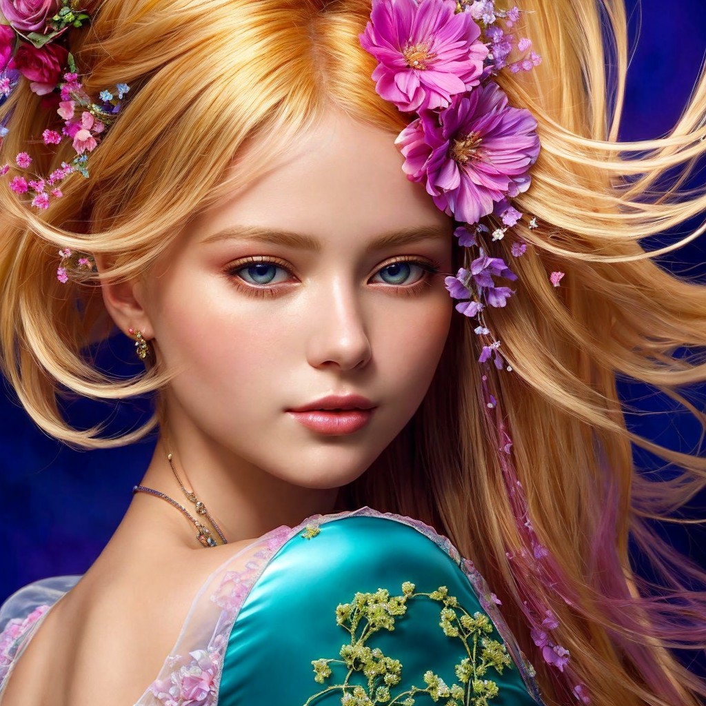 Young female model in teal dress with floral hair adornment