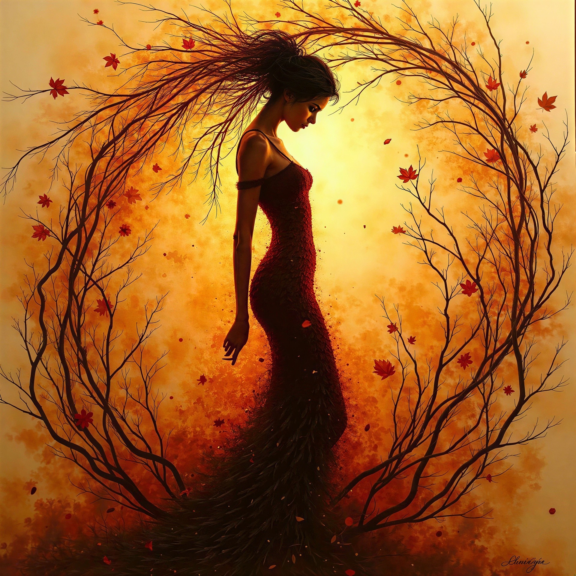 Surreal Artwork of Woman with Tree Branches and Leaves