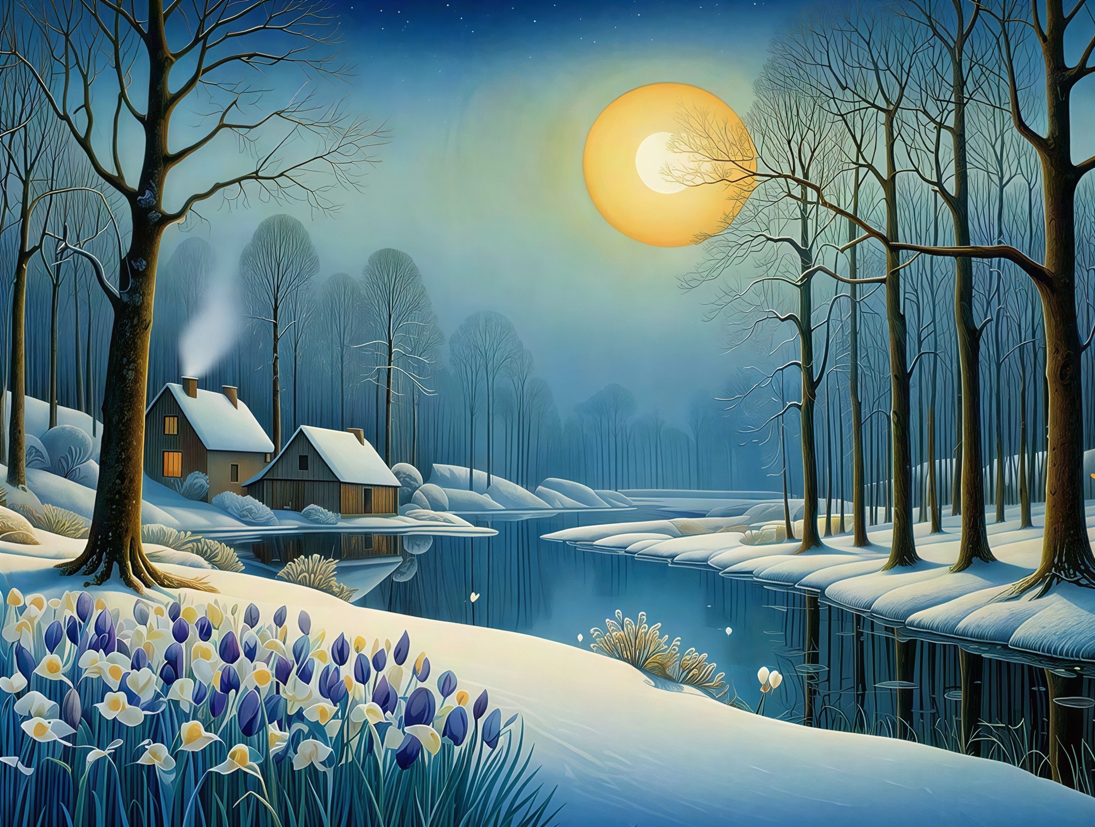 Serene Winter Landscape with Snow-Covered Village