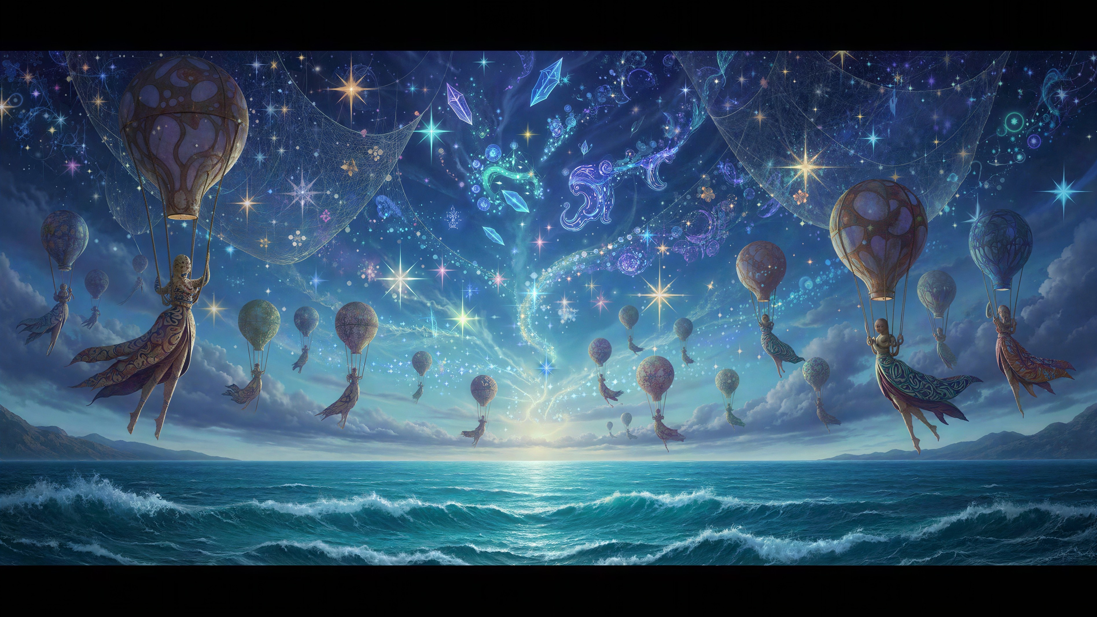 Ethereal Landscape with Sunrise and Floating Balloons