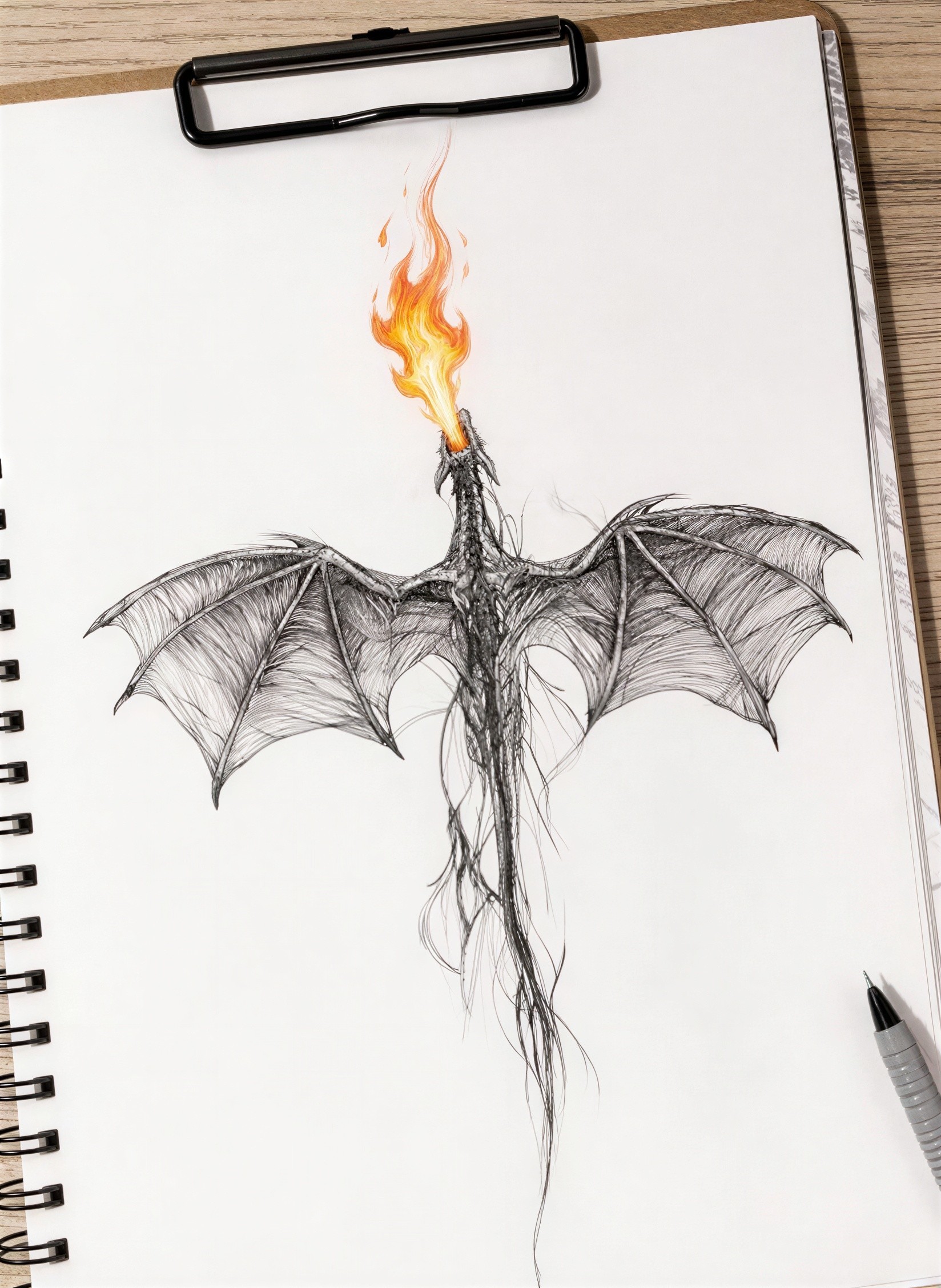 Top-down view of a detailed dragon sketch on clipboard