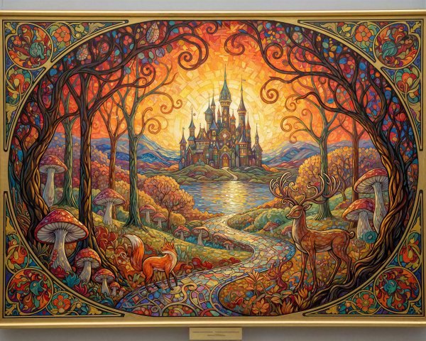 Art Nouveau Stained Glass Landscape with Fantasy Castle
