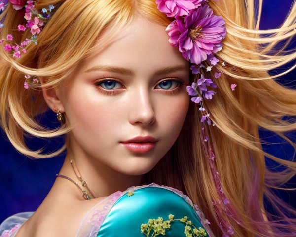 Young female model in teal dress with floral hair adornment