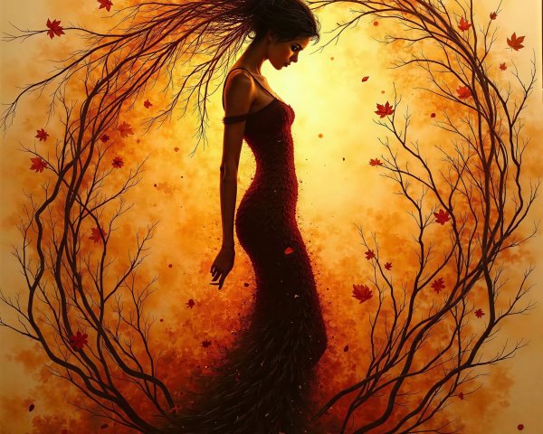 Surreal Artwork of Woman with Tree Branches and Leaves