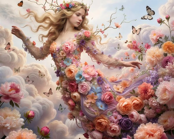 Detailed Full Body Portrait of a Young Woman in Flowers