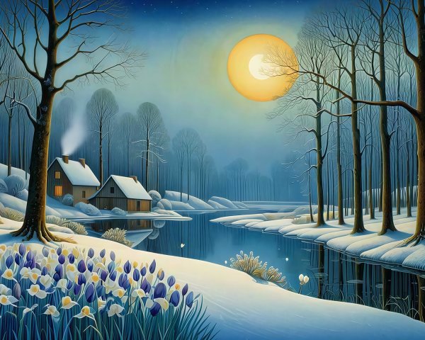 Serene Winter Landscape with Snow-Covered Village