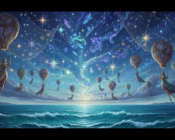 Ethereal Landscape with Sunrise and Floating Balloons