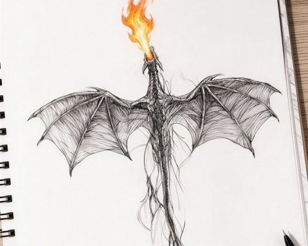 Top-down view of a detailed dragon sketch on clipboard