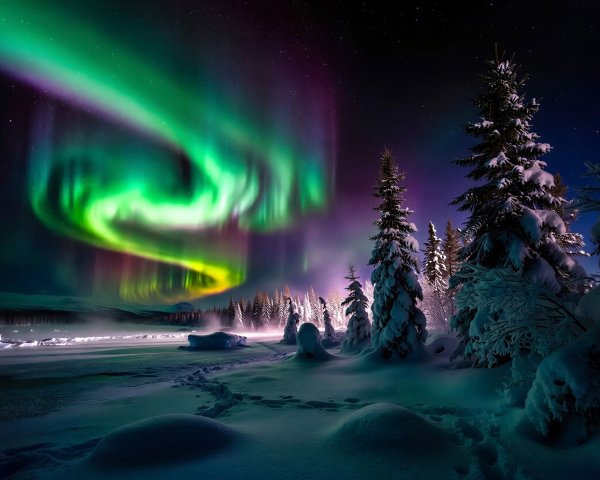 Northern Lights Over Snowy Landscape with Evergreen Trees