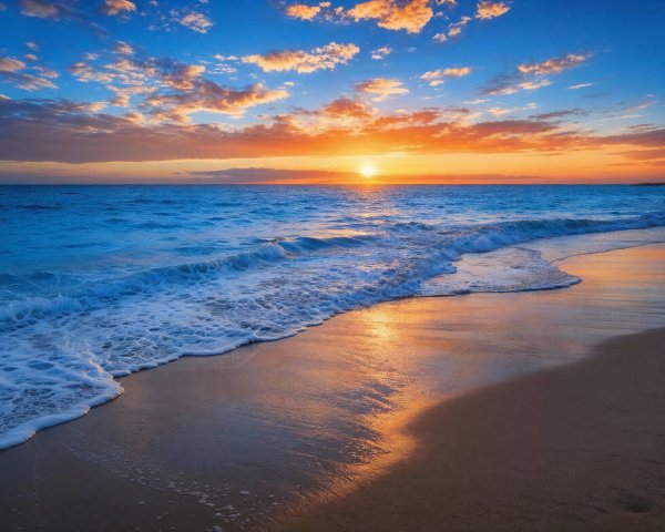 Panoramic Beach Sunset with Waves and Vibrant Colors