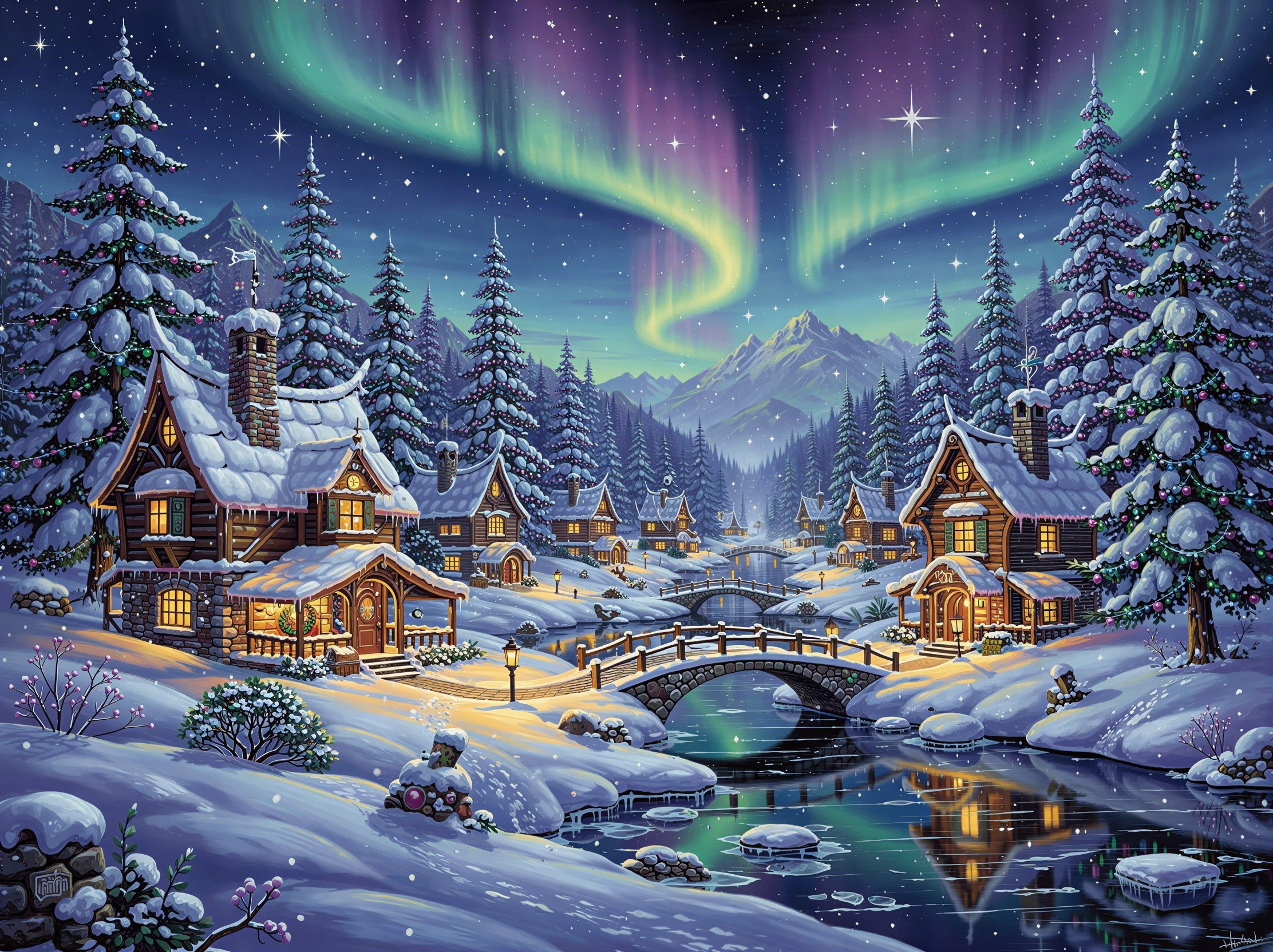 Winter Wonderland Village with Snow-Covered Cabins