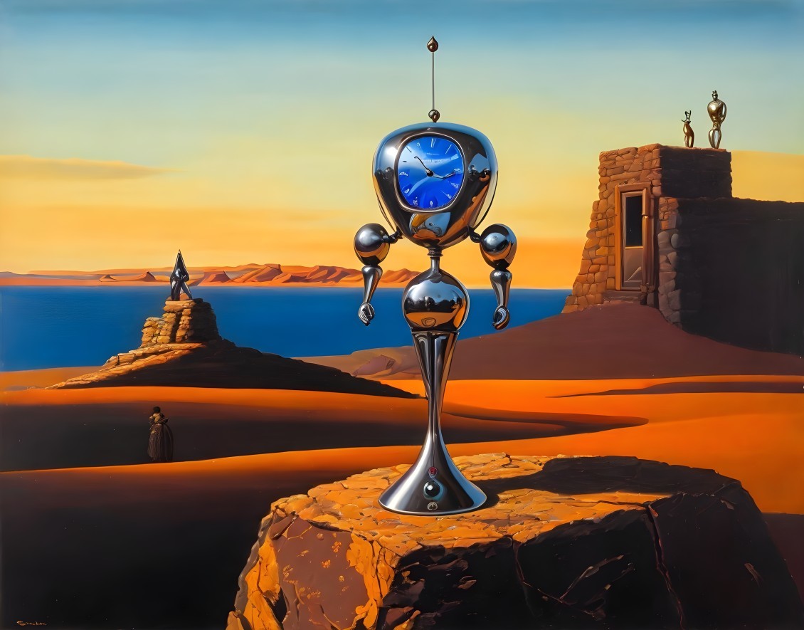 Surreal Landscape with Metallic Clock in Desert Setting