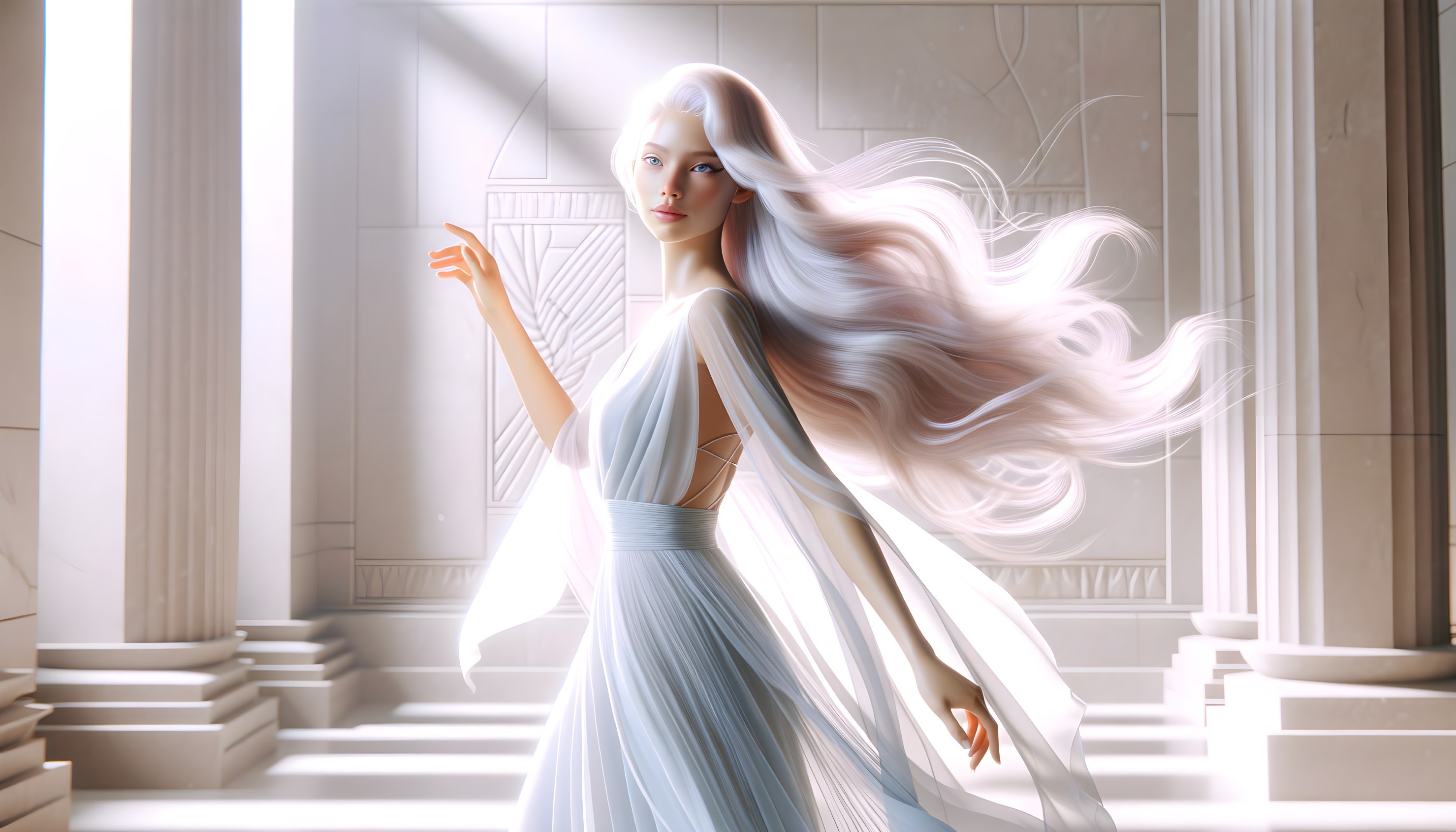 Serene Figure in Shimmering White Gown in Sunlit Space