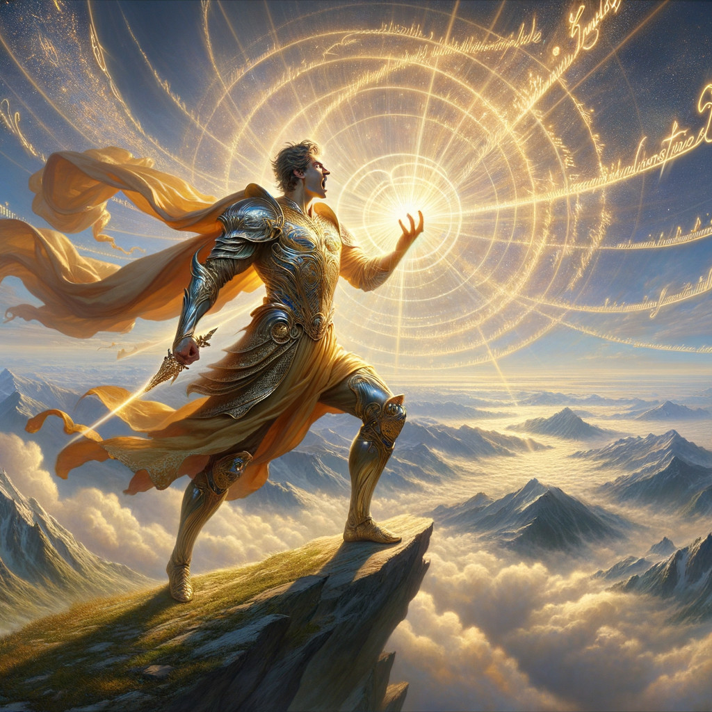 Majestic Figure in Golden Armor on Rocky Cliff