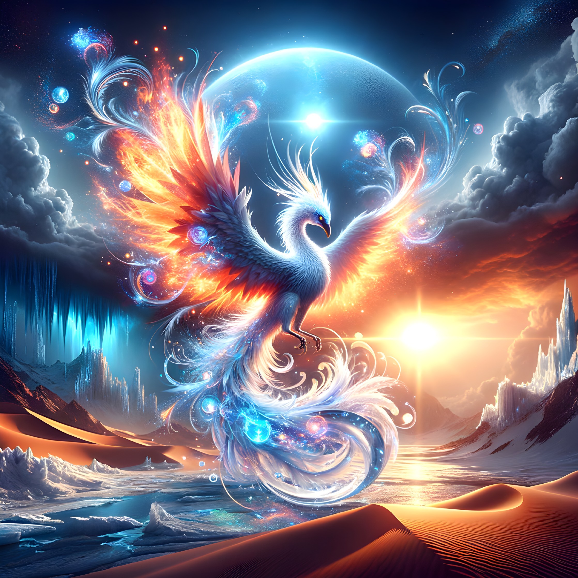 Phoenix Rising Over Cosmic Landscape and Serene Waters