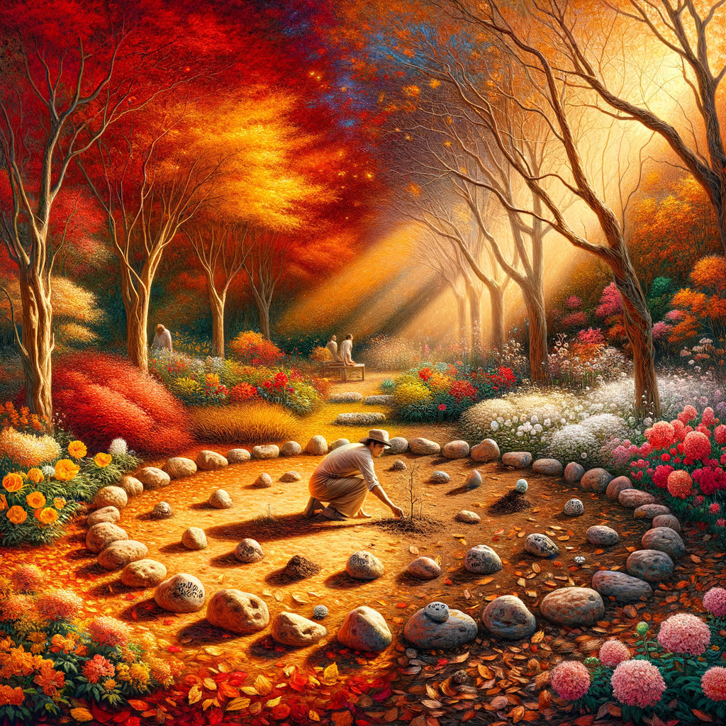 Autumn Garden Scene with Colorful Foliage and Flowers
