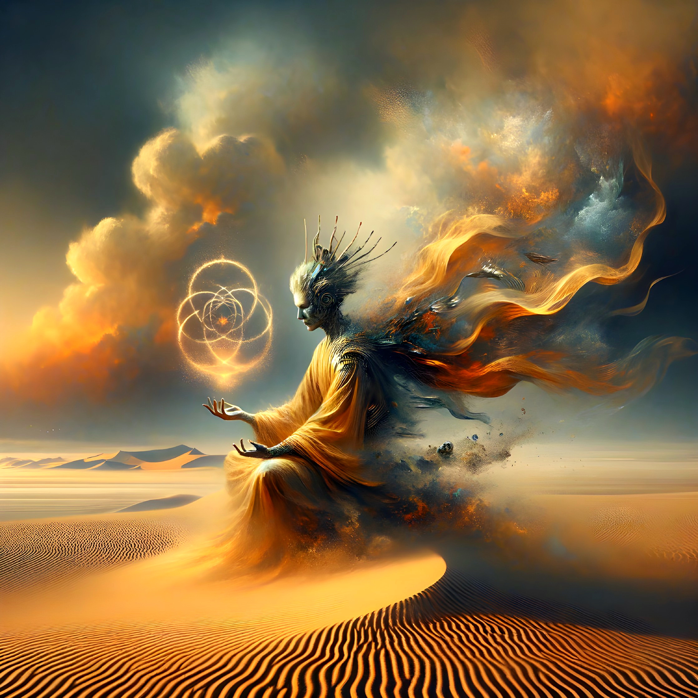 Mystical Figure in Desert Manipulating Energy Orbs