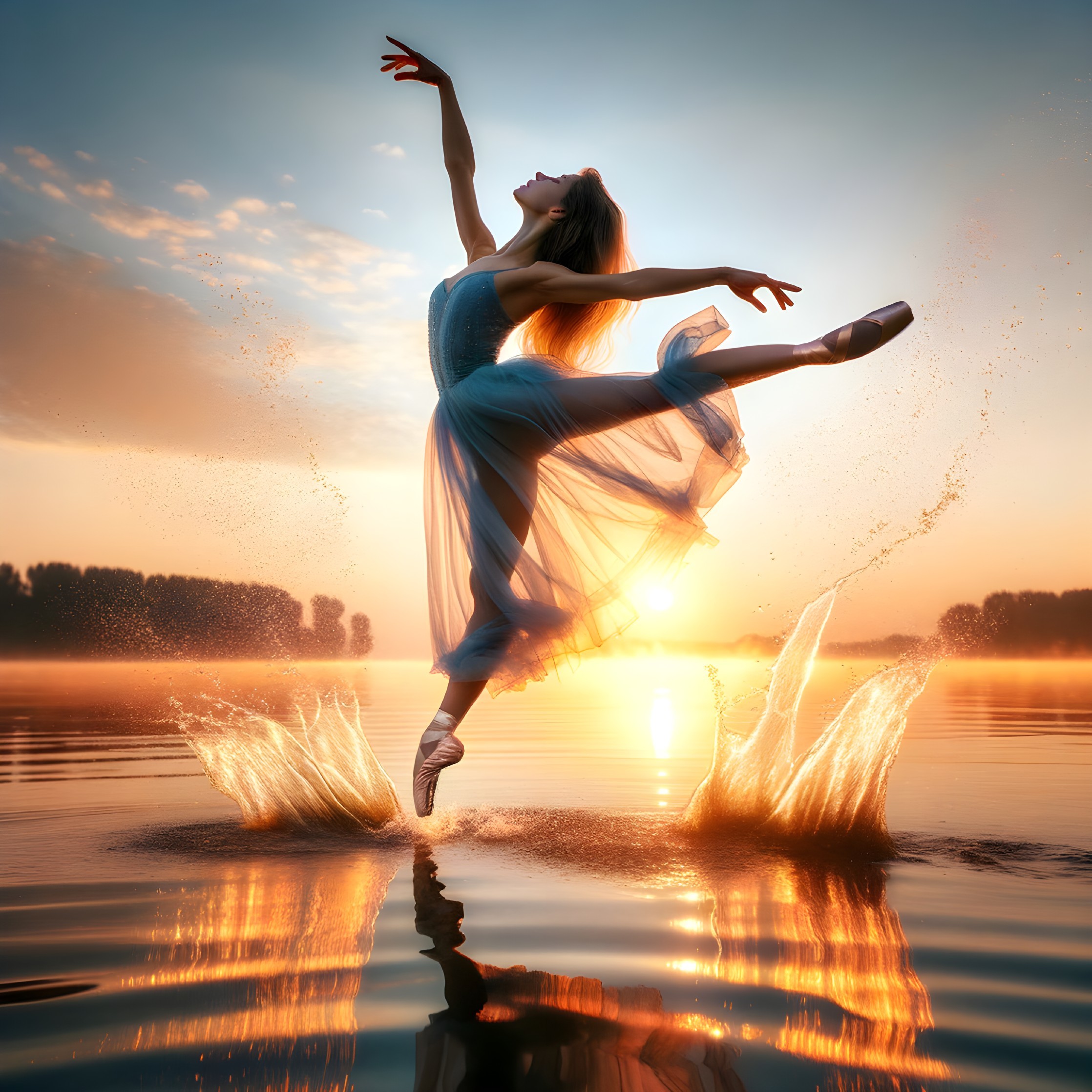 Dancer Leaping Above Shimmering Lake at Sunrise