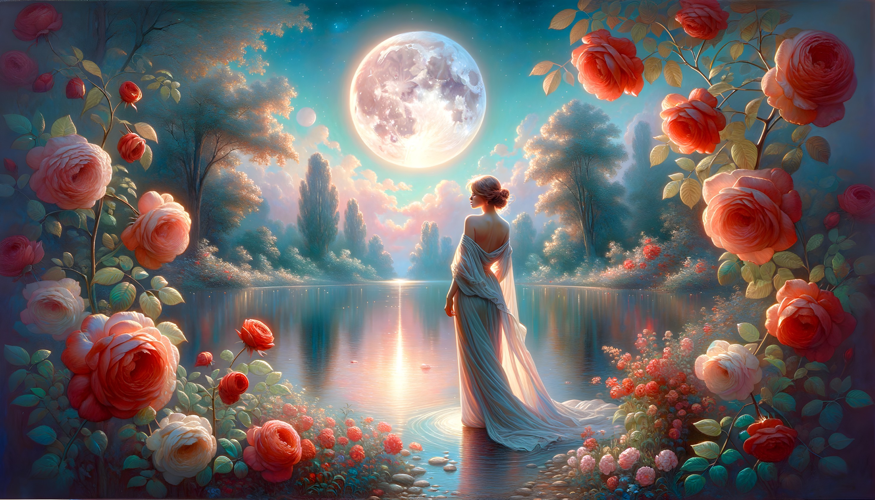 Woman in White Gown by Tranquil Lake at Night