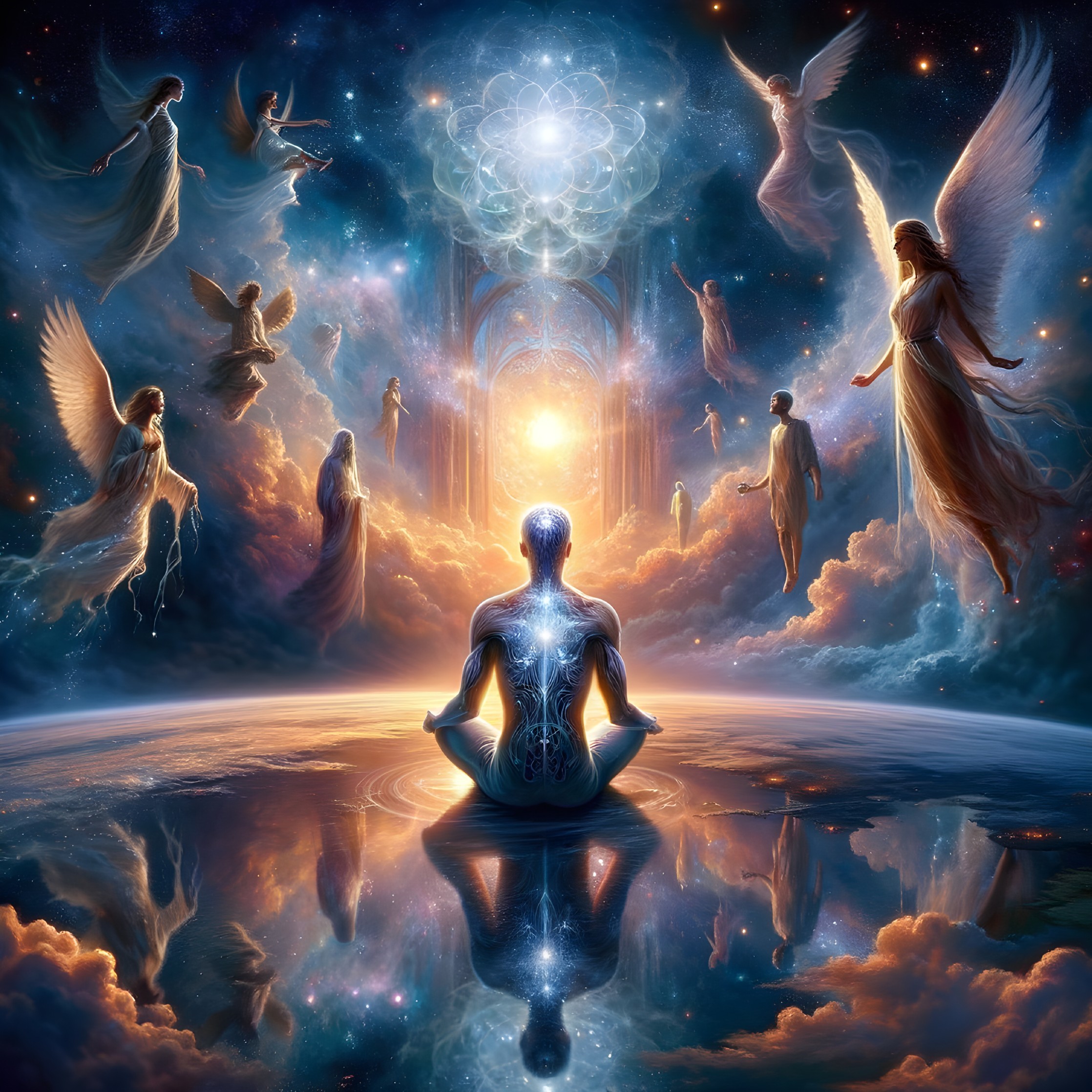 Meditative Figure in Cosmic Spiritual Landscape
