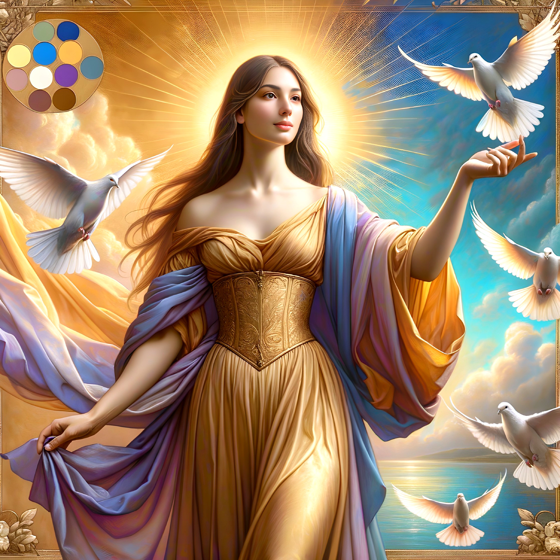 Serene Woman in Golden Gown Surrounded by Doves