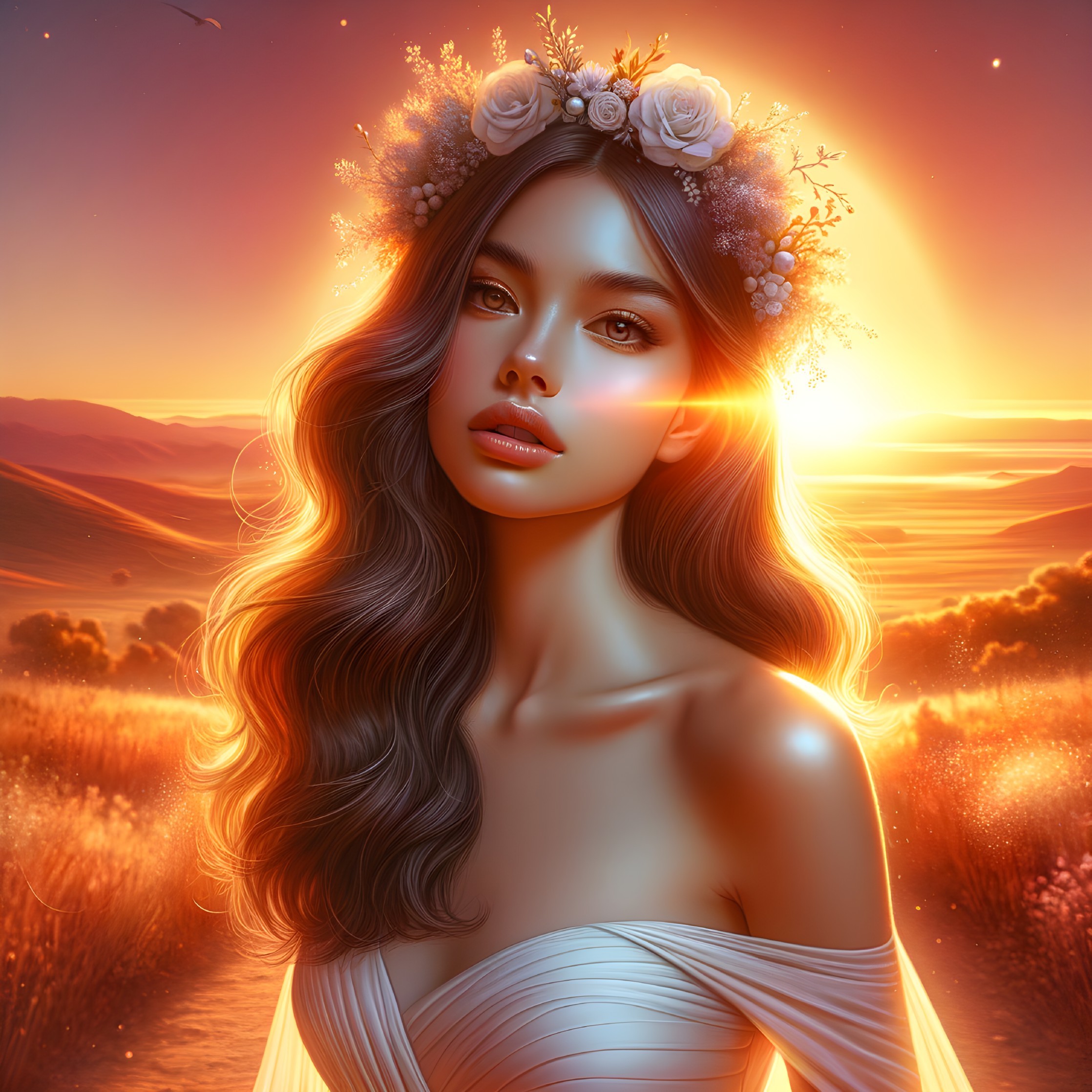 Young Woman in Sunlit Landscape with Floral Crown