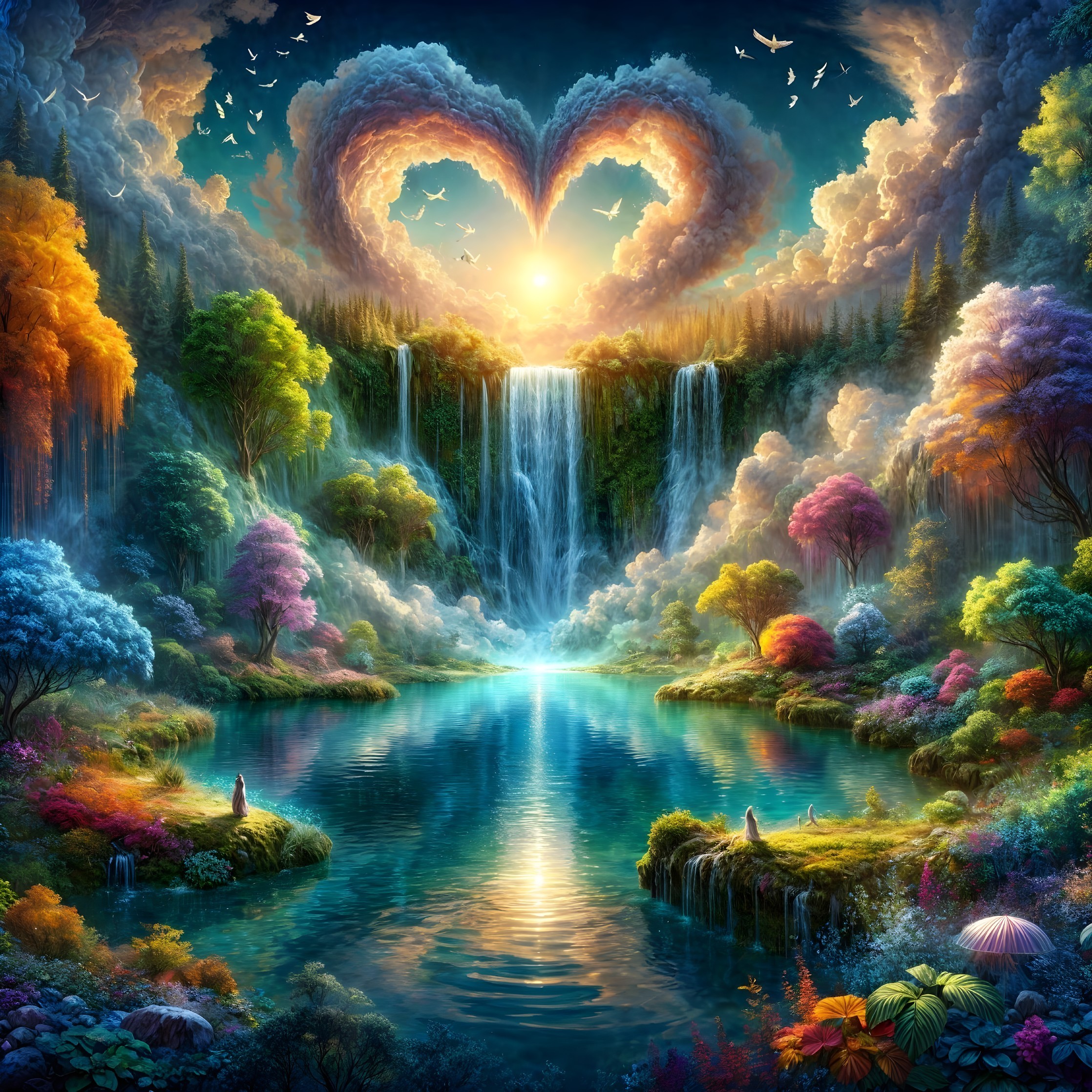 Heart-Shaped Cloud Over Waterfalls and Shimmering Lake