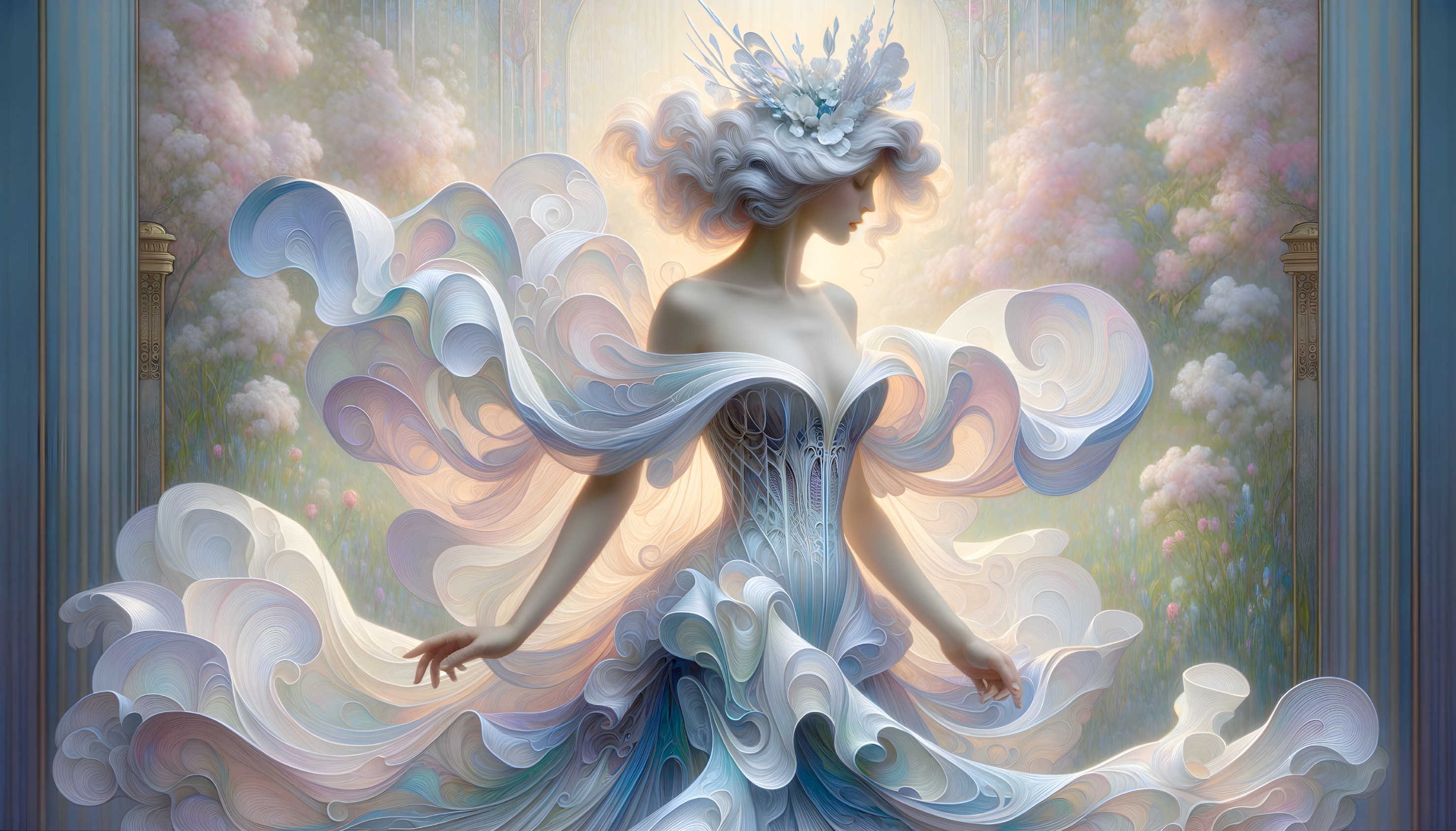 Ethereal Dress Surrounded by Pastel Fabrics and Foliage