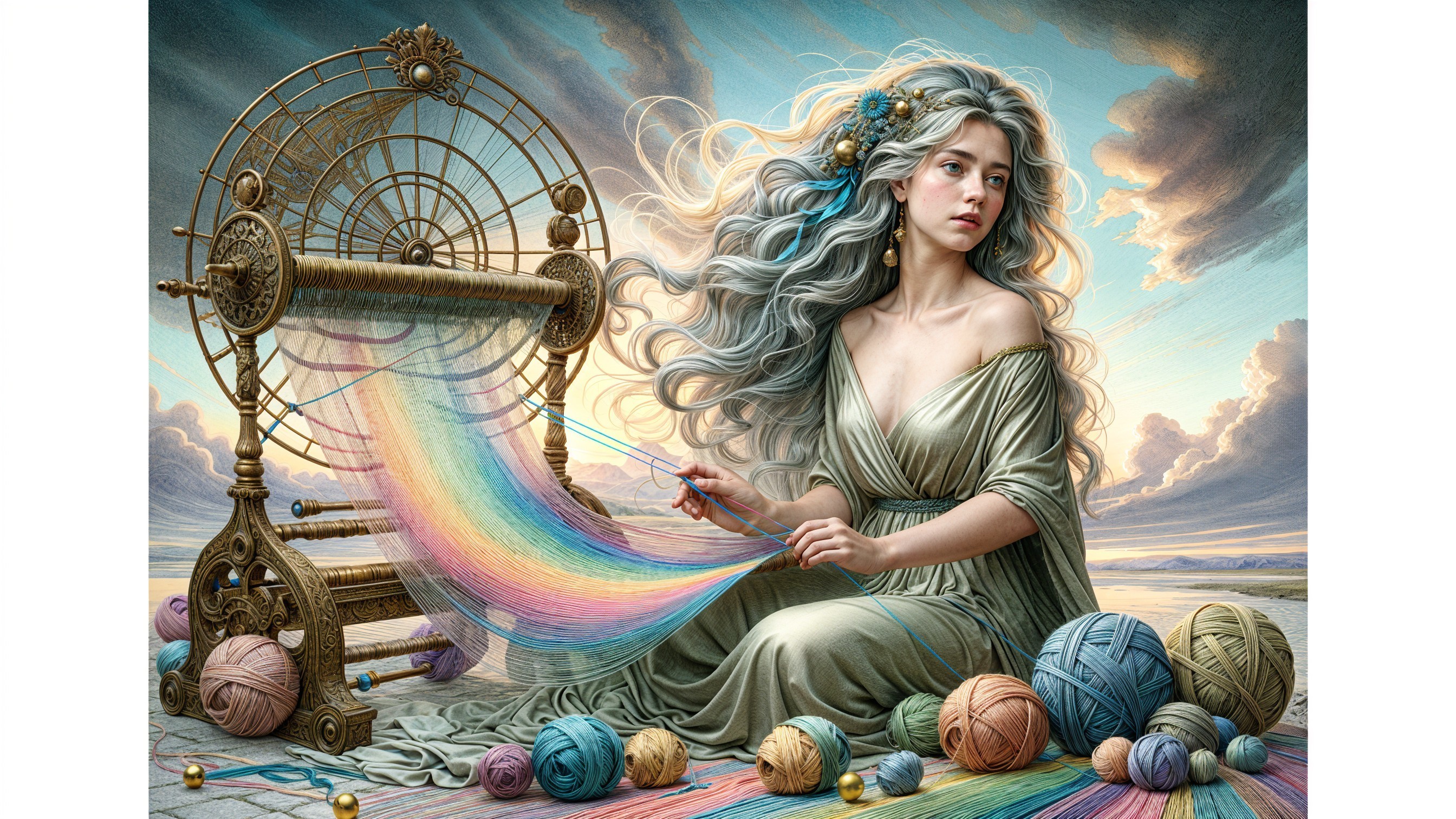 Woman with Silver Hair Weaving Rainbow Yarn by Spinning Wheel