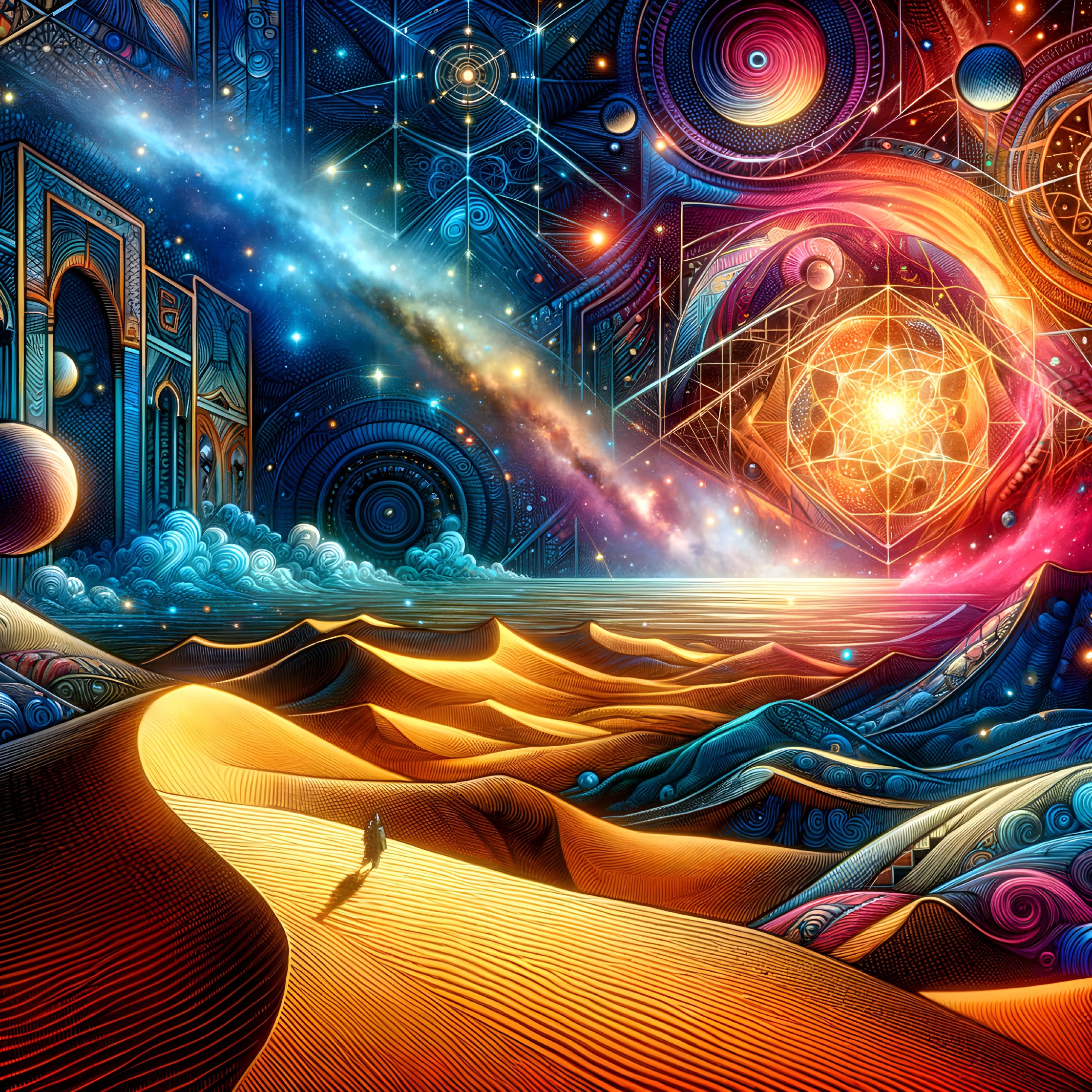 Surreal Landscape of Cosmic Elements and Desert Dunes