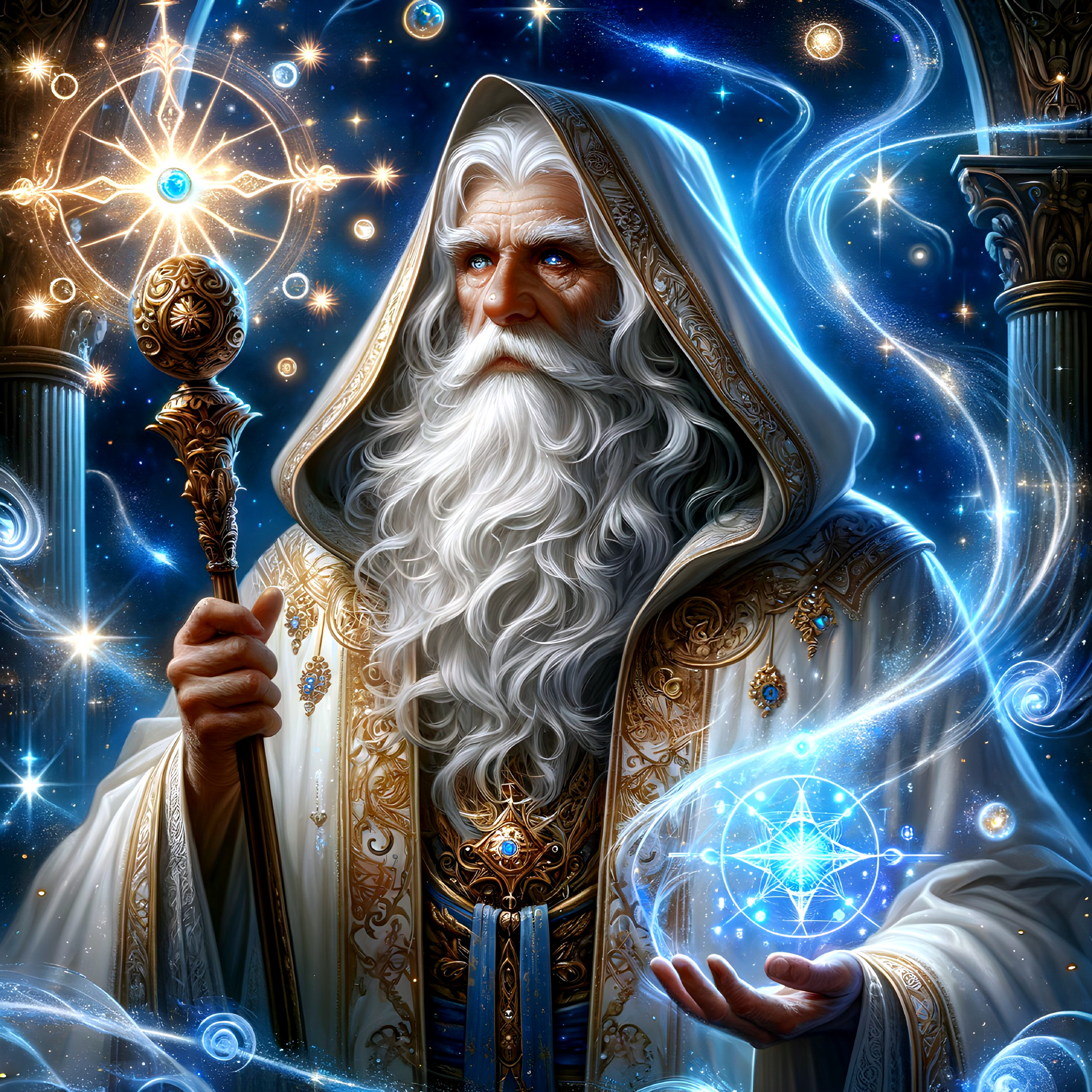 Elderly wizard in ornate robes with glowing staff