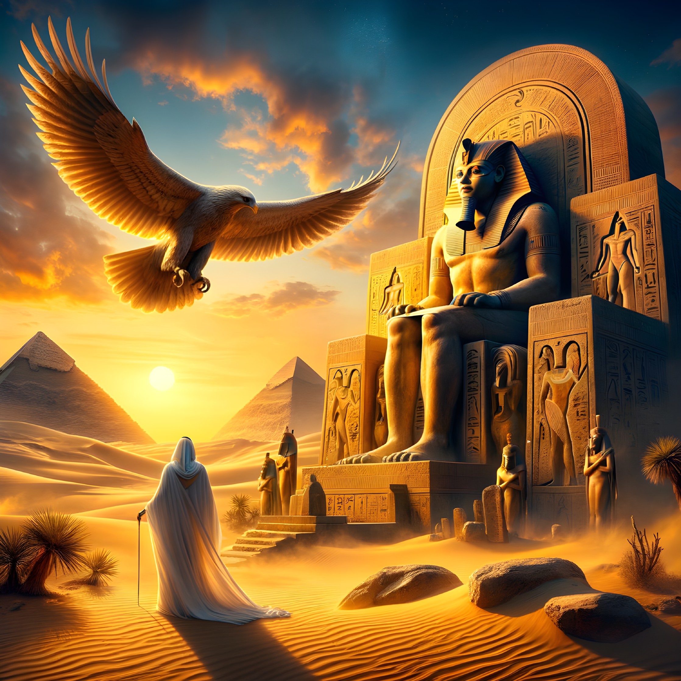 Desert Sunset with Pharaoh Statue and Soaring Eagle