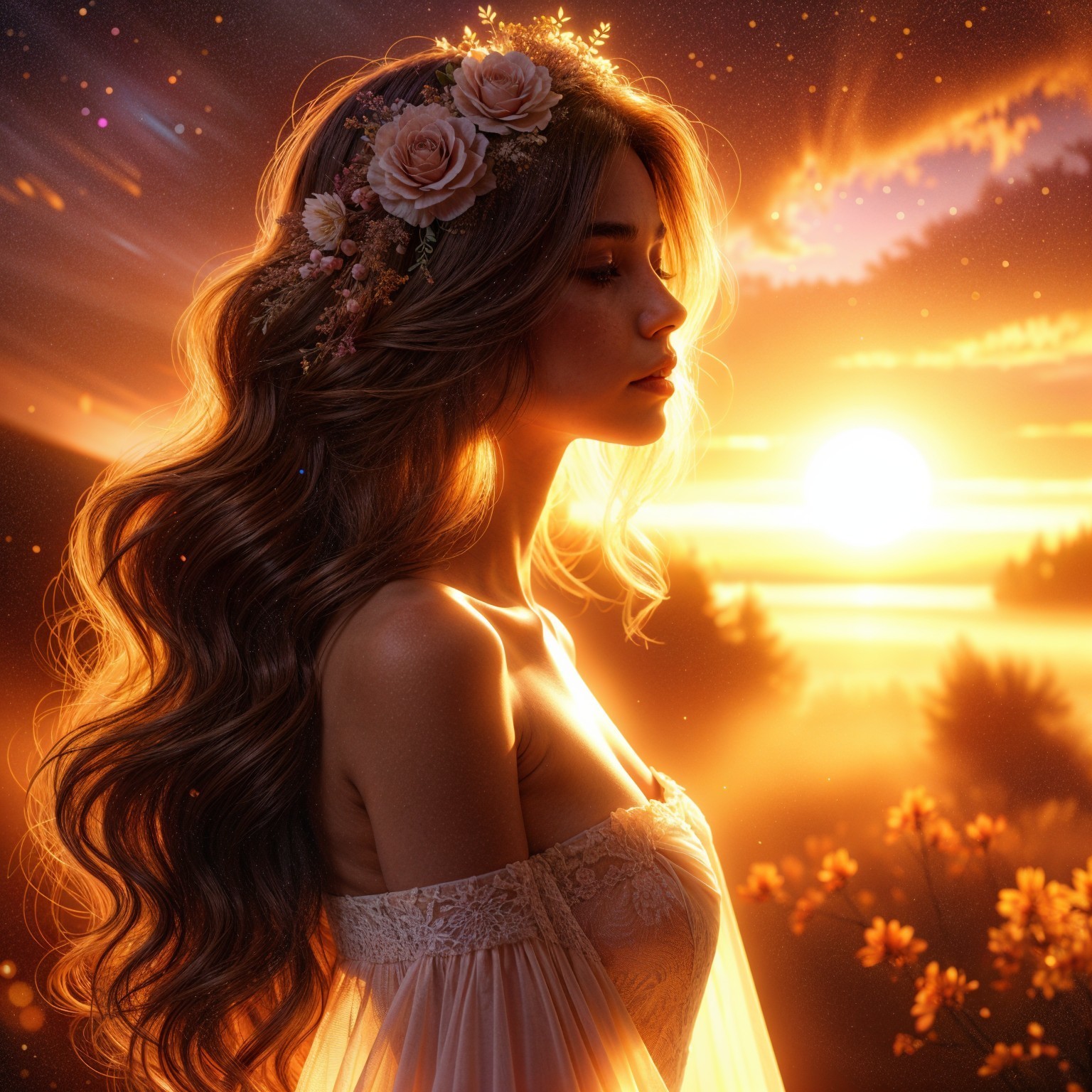 Young Woman in Serene Sunset Landscape with Flowers