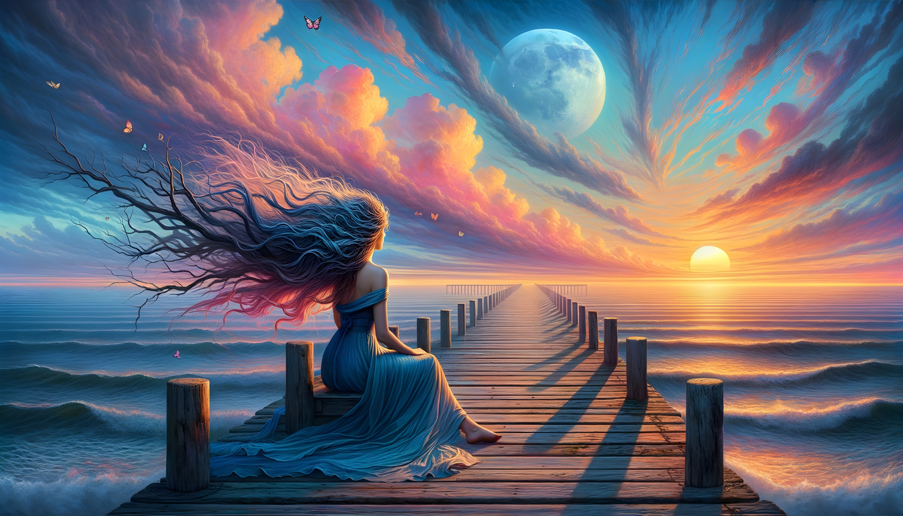 Woman on Pier at Sunset with Moon and Butterflies