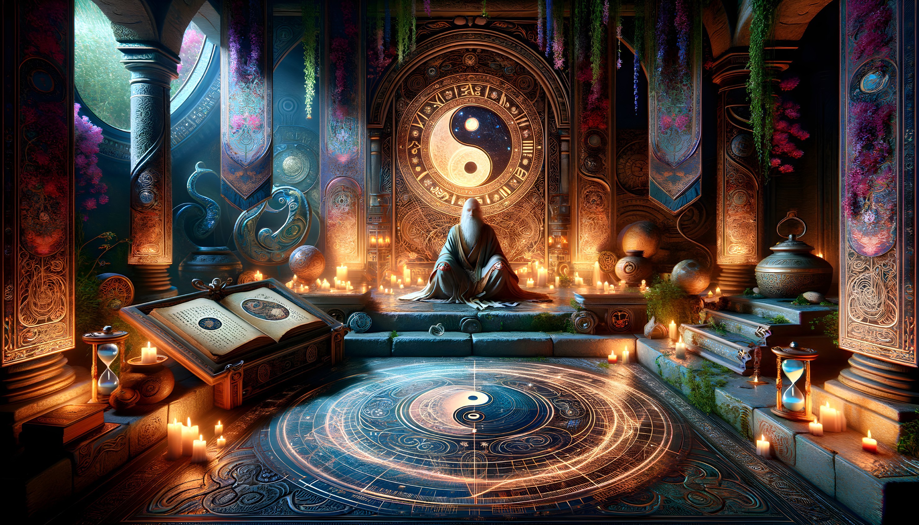 Mystical Chamber with Meditative Figure and Yin-Yang Symbol