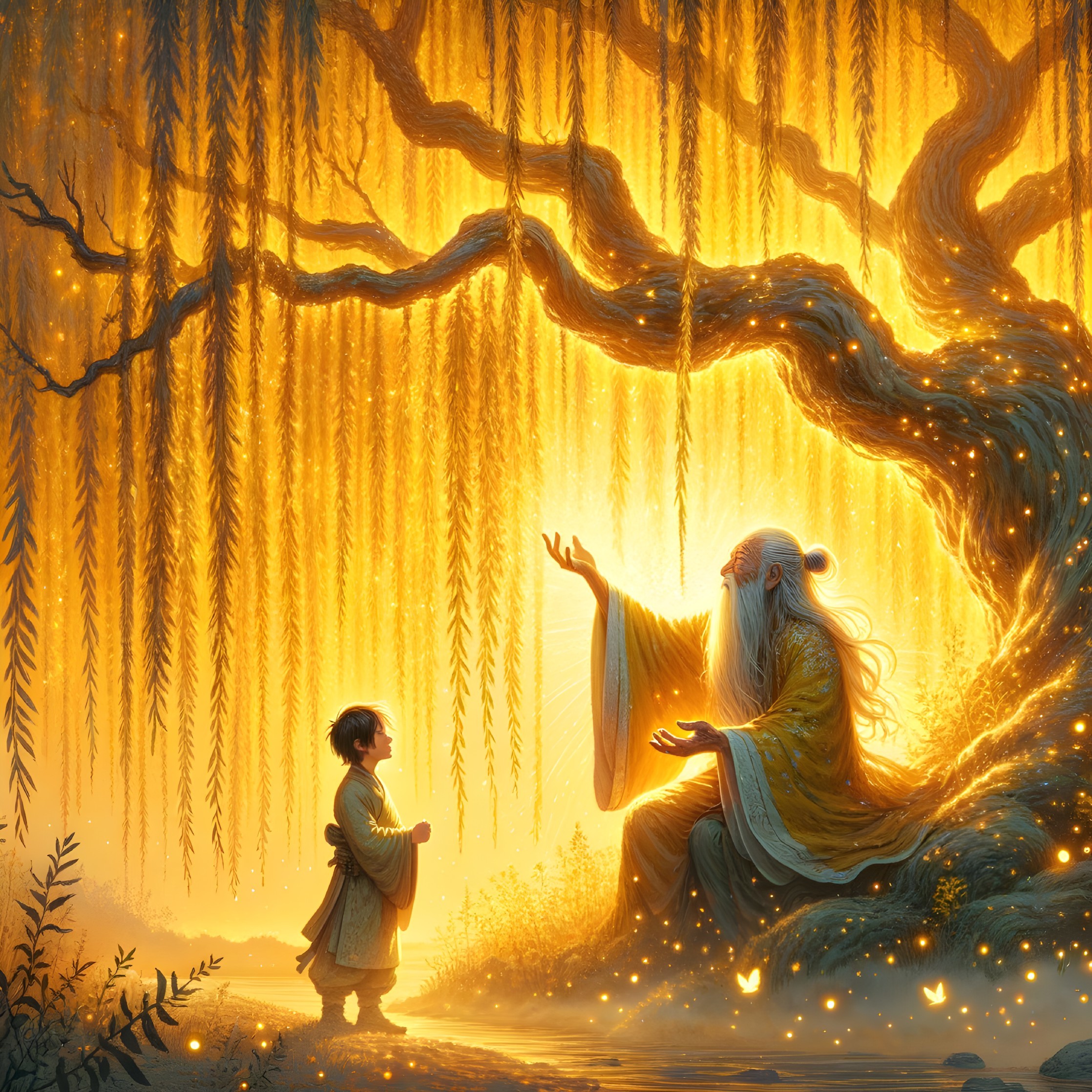 Elderly Sage and Child in a Golden Landscape Scene