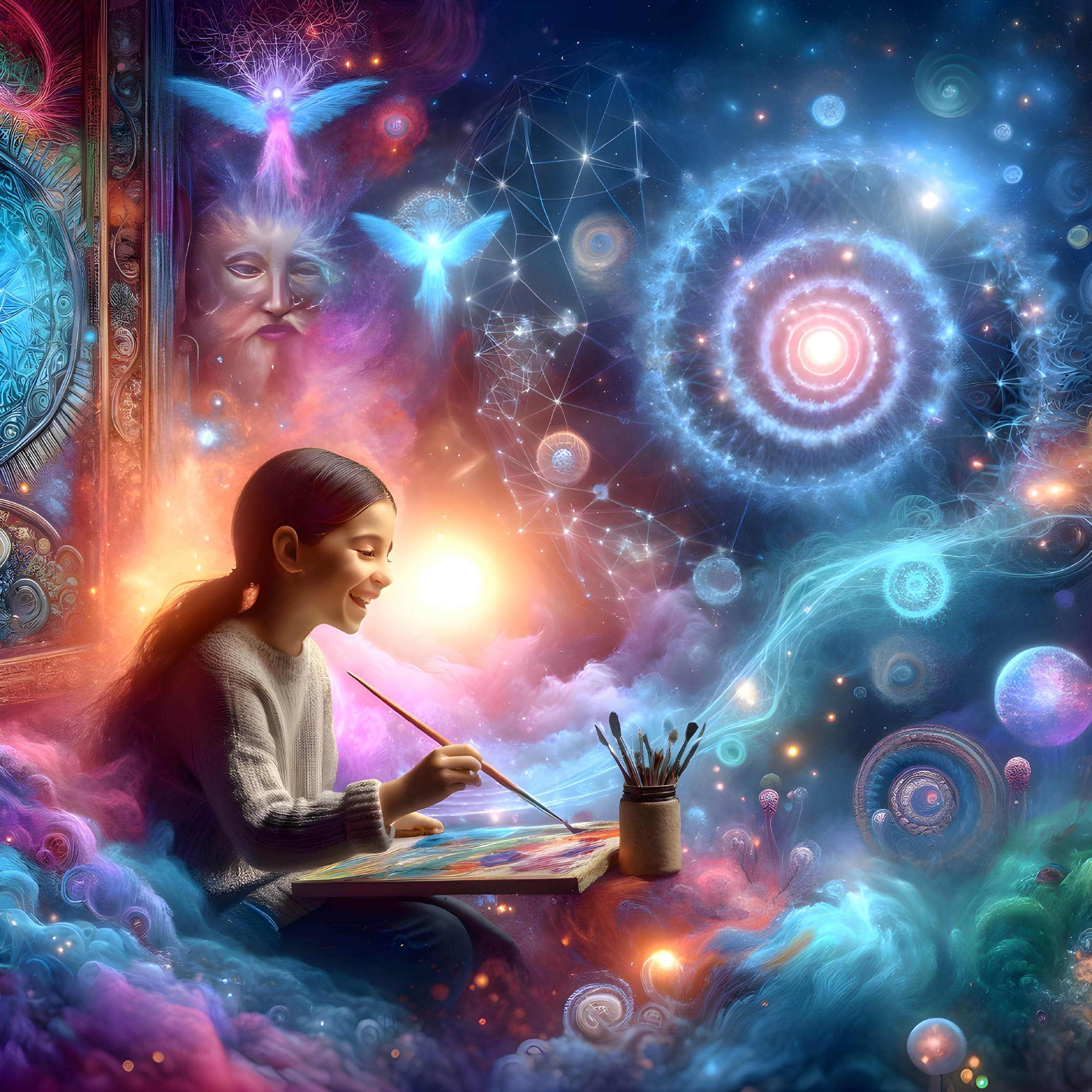 Young girl painting in a vibrant cosmic landscape
