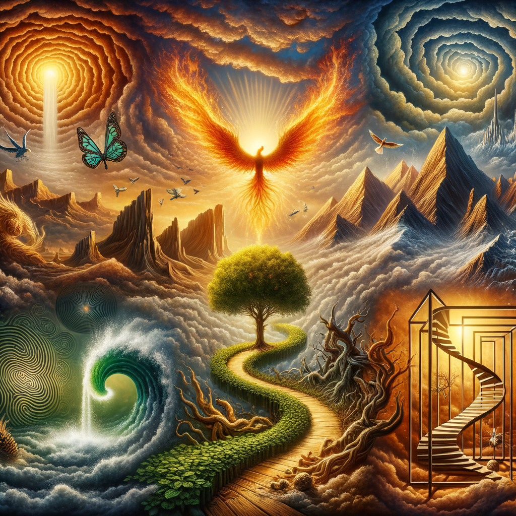 Surreal Landscape with Phoenix and Nature Elements