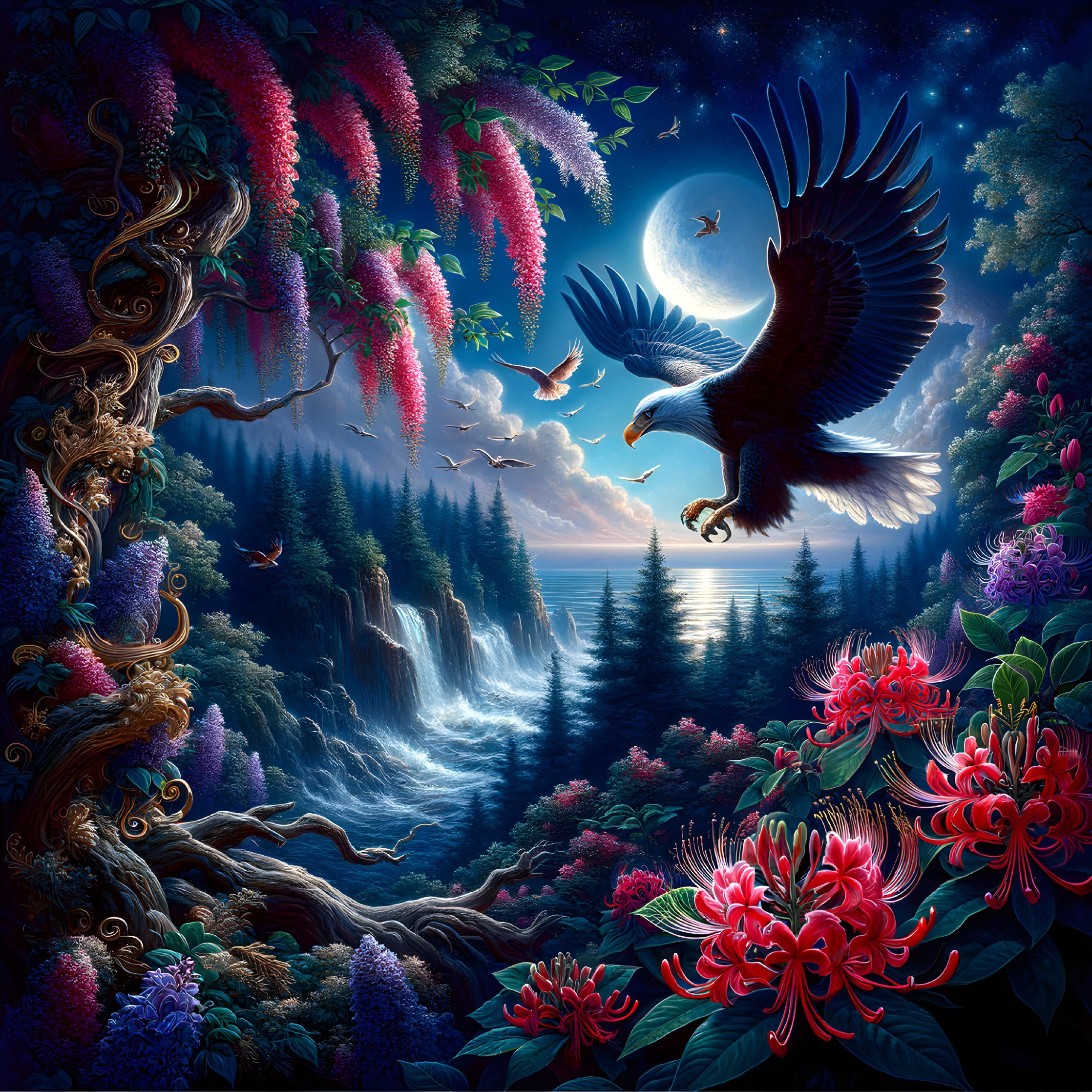 Majestic Eagle Over Moonlit Waterfall Landscape