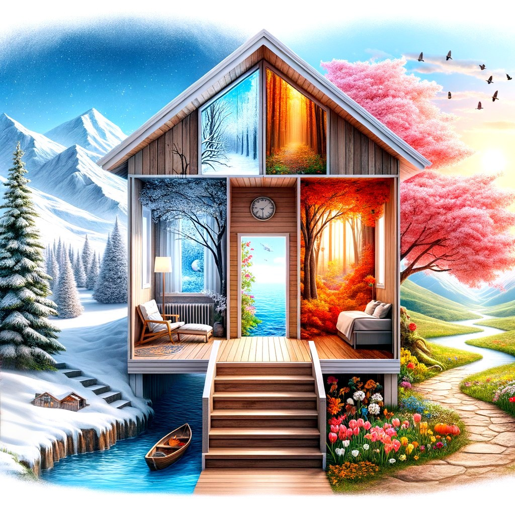 Whimsical House Illustrating Four Distinct Seasons