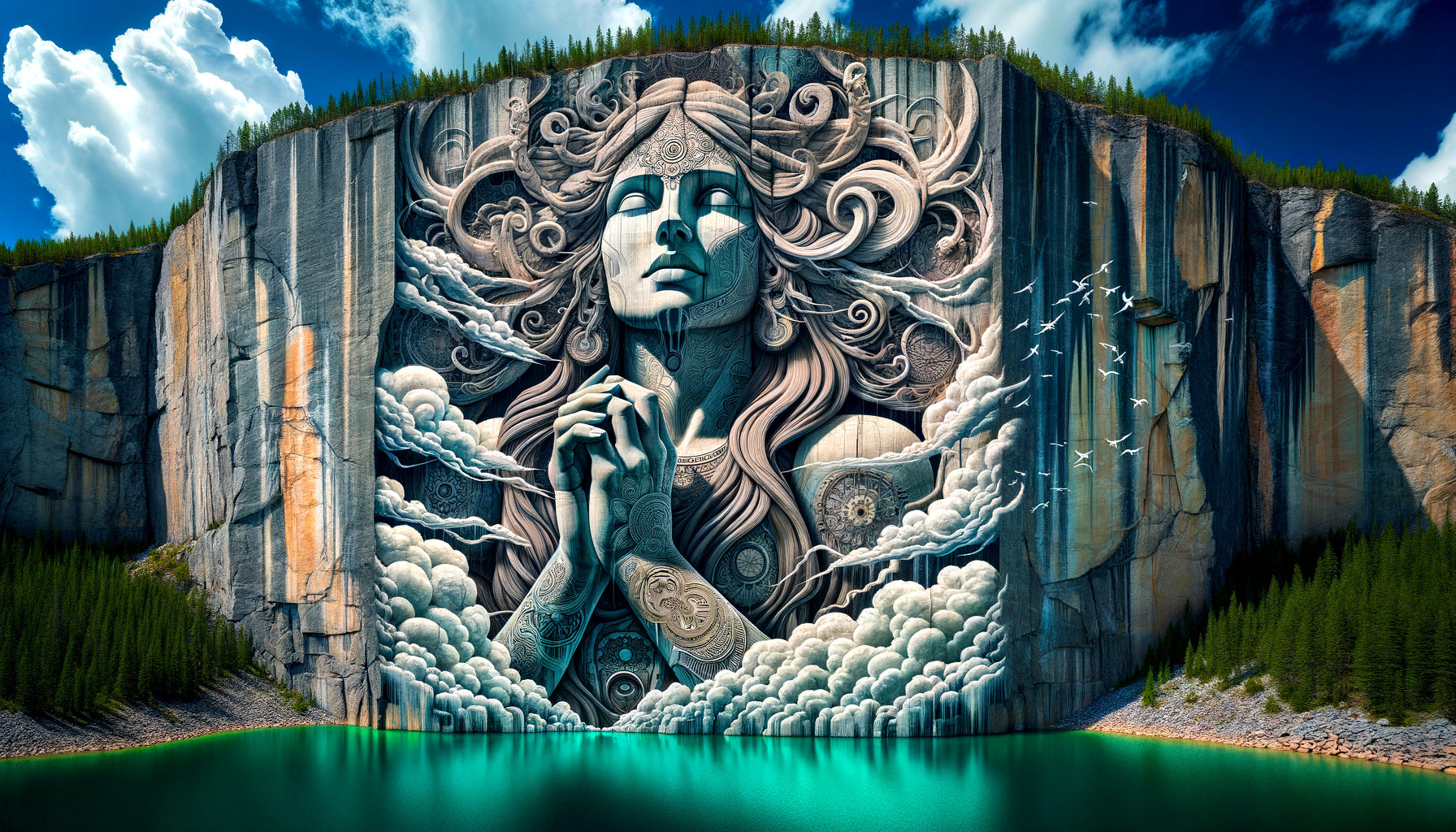 Mural of a Meditating Figure on a Cliffside