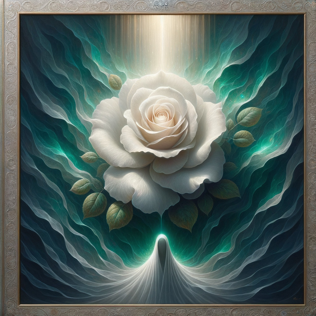 Ethereal White Rose Surrounded by Teal Waves and Mystery