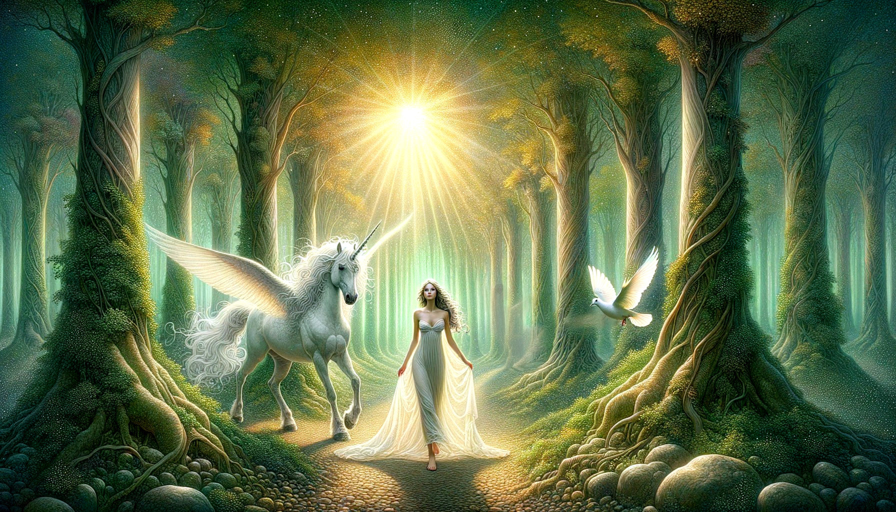 Mystical Forest Scene with Woman and Unicorn
